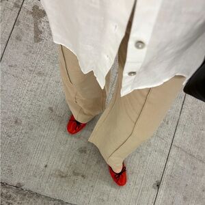 Red ballet flats with block heel and dainty black ribbon detail